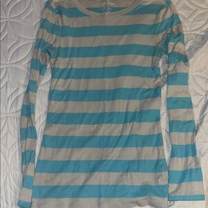 Old Navy Teal and Tan Striped Crew Neck